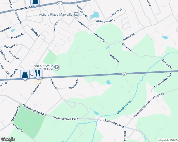 map of restaurants, bars, coffee shops, grocery stores, and more near 2850 East Lamar Alexander Parkway in Maryville