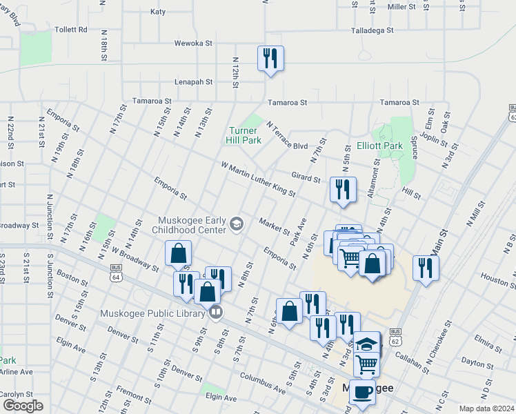 map of restaurants, bars, coffee shops, grocery stores, and more near 550 North 9th Street in Muskogee
