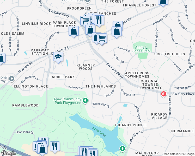 map of restaurants, bars, coffee shops, grocery stores, and more near 1110 Broadford Drive in Cary