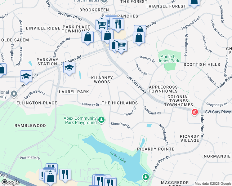 map of restaurants, bars, coffee shops, grocery stores, and more near 1110 Broadford Drive in Cary