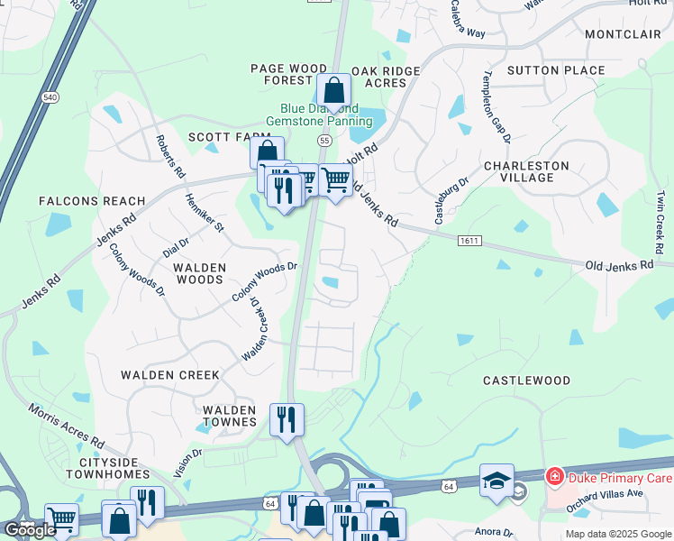 map of restaurants, bars, coffee shops, grocery stores, and more near 100 Cameron Woods Drive in Apex