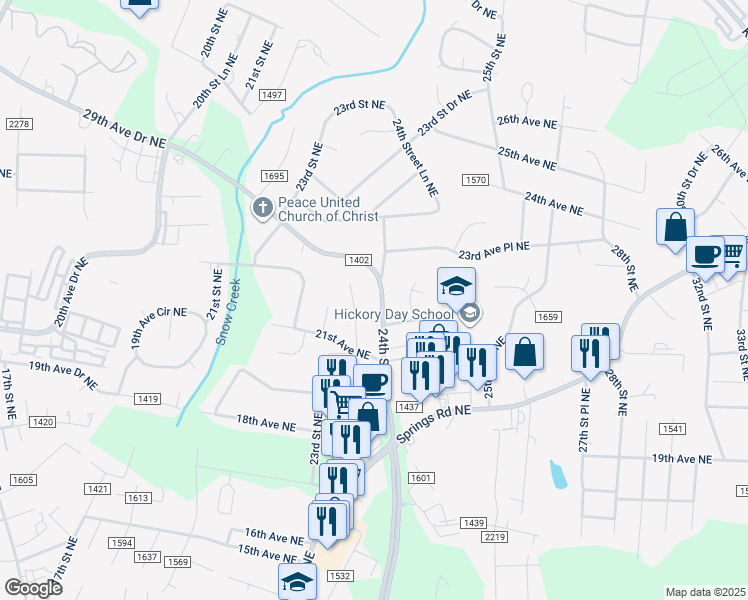 map of restaurants, bars, coffee shops, grocery stores, and more near 2231 24th Street Northeast in Hickory