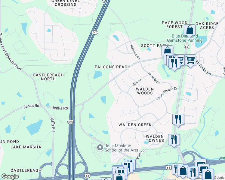 map of restaurants, bars, coffee shops, grocery stores, and more near 2505 Dawn Ridge Court in Apex