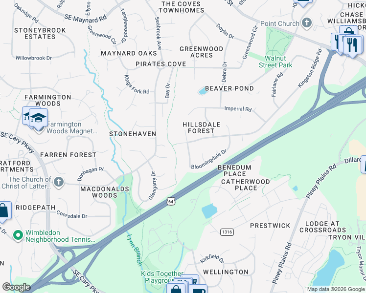 map of restaurants, bars, coffee shops, grocery stores, and more near 1411 Bloomingdale Drive in Cary