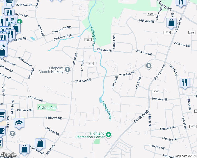 map of restaurants, bars, coffee shops, grocery stores, and more near 930 21st Avenue Northeast in Hickory