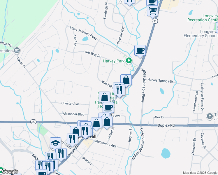 map of restaurants, bars, coffee shops, grocery stores, and more near 1625 Witt Hill Drive in Spring Hill