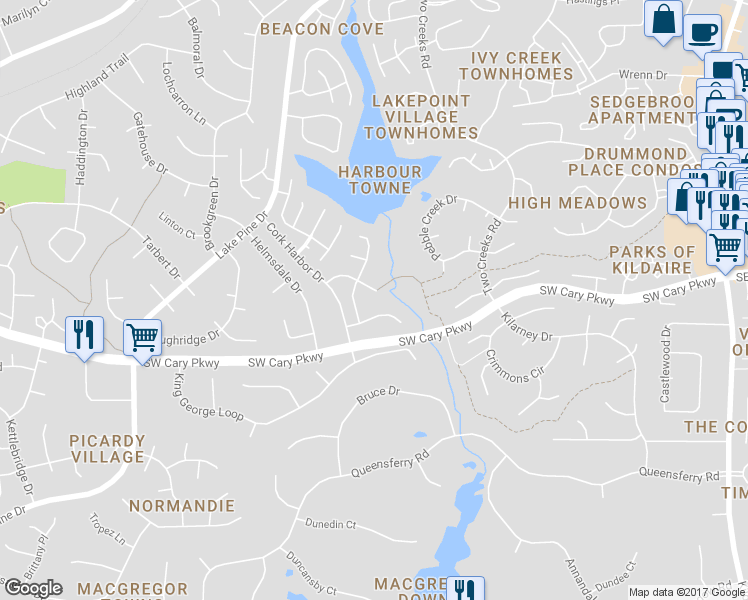 map of restaurants, bars, coffee shops, grocery stores, and more near 114 Keithwood Lane in Cary