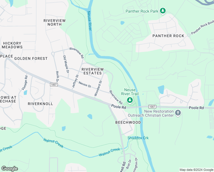 map of restaurants, bars, coffee shops, grocery stores, and more near 1612 Riverview Road in Raleigh