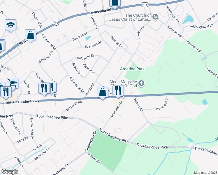map of restaurants, bars, coffee shops, grocery stores, and more near 206 Janet Lane in Maryville