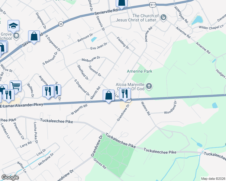 map of restaurants, bars, coffee shops, grocery stores, and more near 206 Janet Lane in Maryville