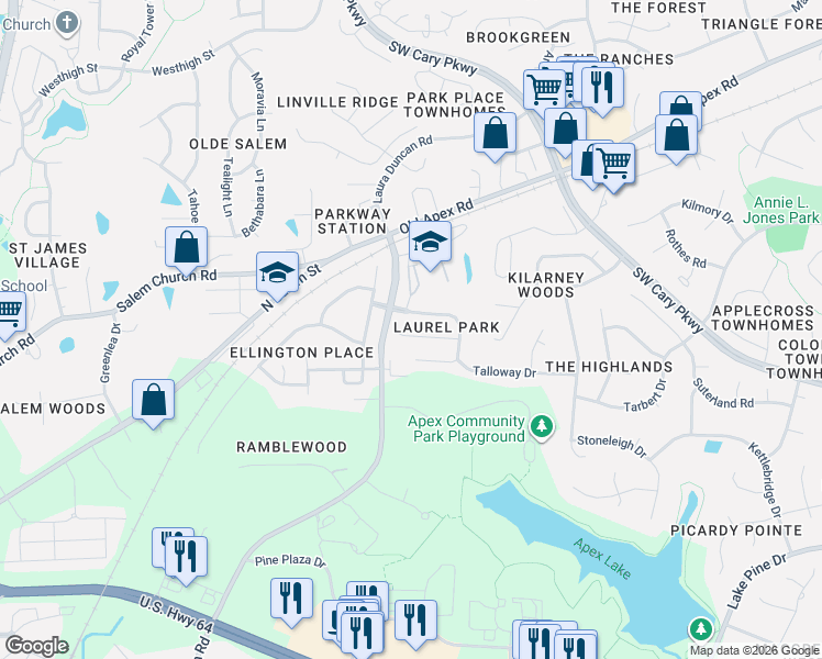 map of restaurants, bars, coffee shops, grocery stores, and more near 2148 Royal Berry Court in Cary