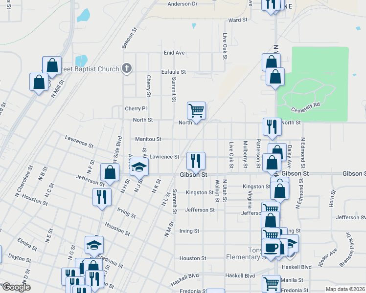 map of restaurants, bars, coffee shops, grocery stores, and more near 1216 Summit Street in Muskogee