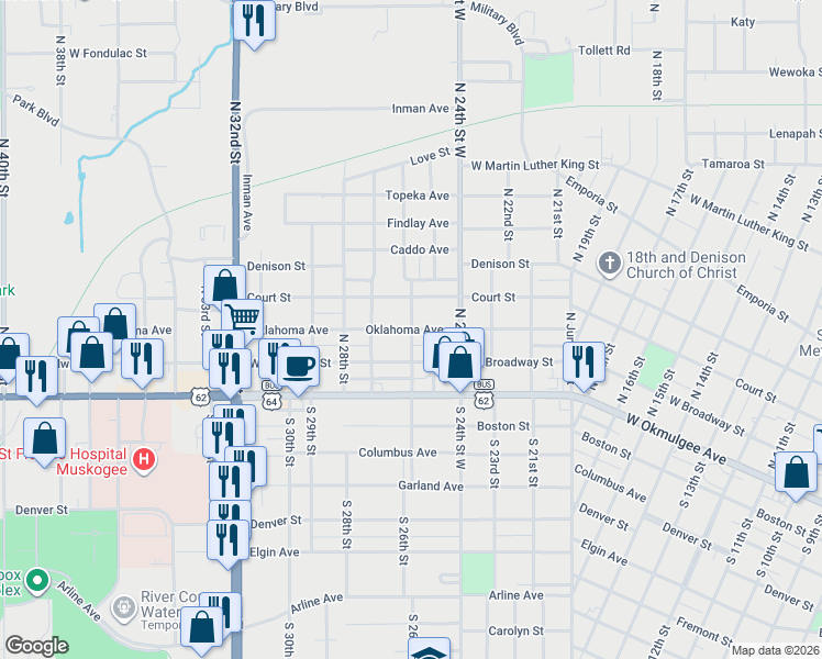 map of restaurants, bars, coffee shops, grocery stores, and more near 2601 Oklahoma Street in Muskogee