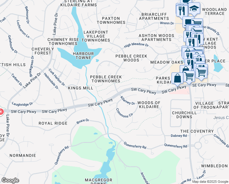 map of restaurants, bars, coffee shops, grocery stores, and more near 103 Bonnell Court in Cary