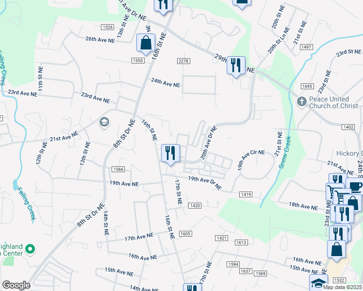 map of restaurants, bars, coffee shops, grocery stores, and more near 1625 20th Avenue Court Northeast in Hickory