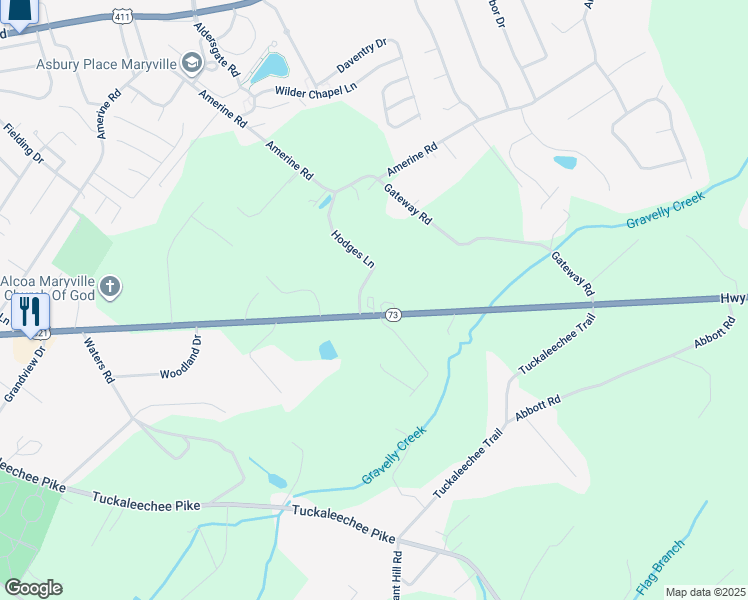 map of restaurants, bars, coffee shops, grocery stores, and more near 210 Courtyard Circle in Maryville