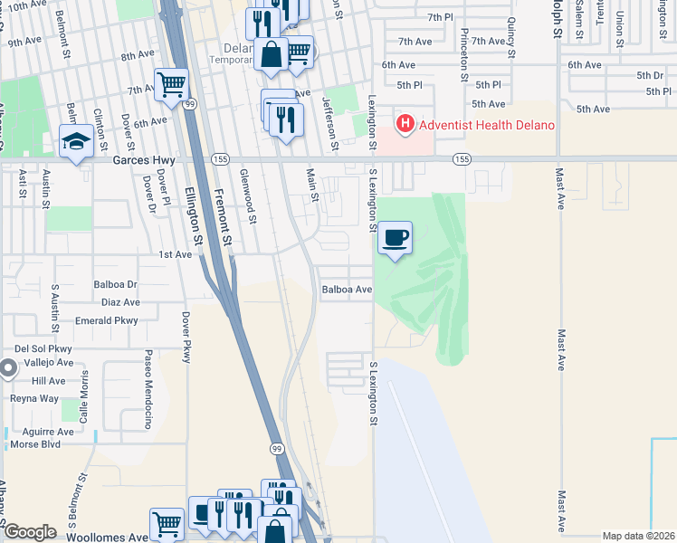 map of restaurants, bars, coffee shops, grocery stores, and more near 918 Alhambra Avenue in Delano