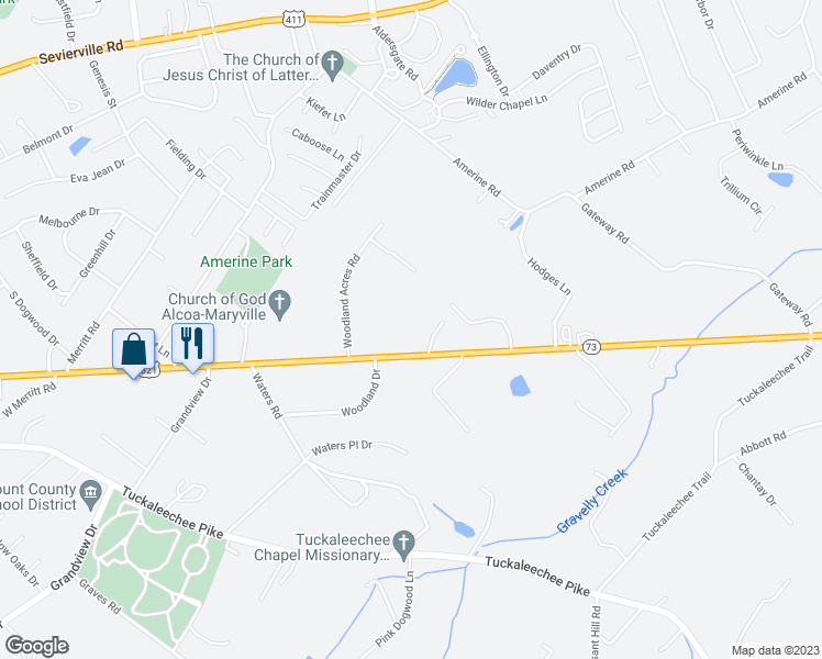 map of restaurants, bars, coffee shops, grocery stores, and more near 2850 East Lamar Alexander Parkway in Maryville