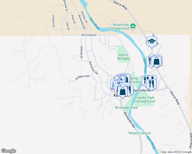 map of restaurants, bars, coffee shops, grocery stores, and more near 49 Panorama Drive in Kernville