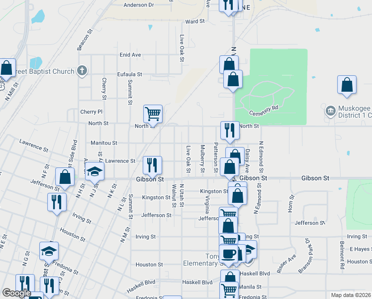 map of restaurants, bars, coffee shops, grocery stores, and more near 1223 Live Oak Street in Muskogee