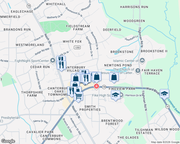 map of restaurants, bars, coffee shops, grocery stores, and more near 2400 Bradford Drive in Wilson