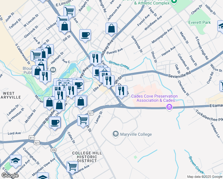 map of restaurants, bars, coffee shops, grocery stores, and more near South Washington Street in Maryville