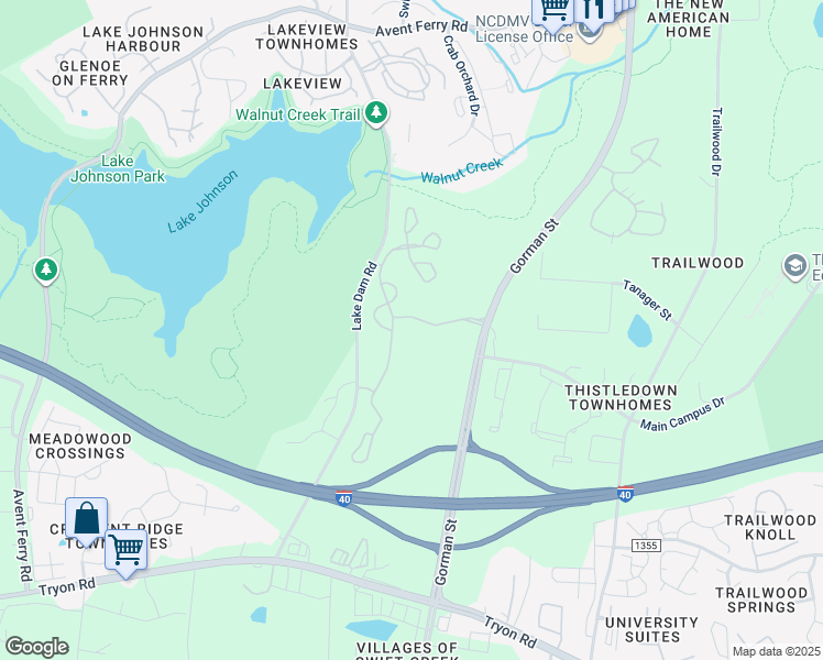 map of restaurants, bars, coffee shops, grocery stores, and more near 3201 Walnut Creek Parkway in Raleigh