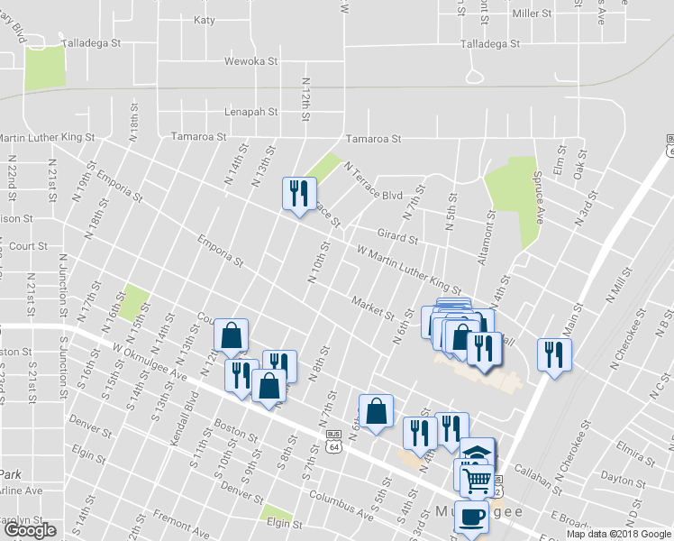 map of restaurants, bars, coffee shops, grocery stores, and more near 550 North 9th Street in Muskogee