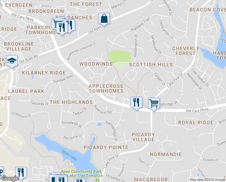 map of restaurants, bars, coffee shops, grocery stores, and more near 211 Applecross Drive in Cary