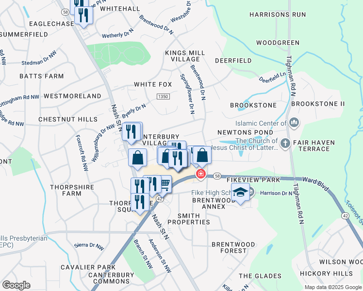 map of restaurants, bars, coffee shops, grocery stores, and more near 2402 Bradford Drive in Wilson