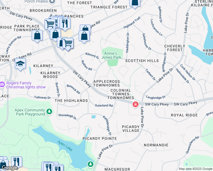 map of restaurants, bars, coffee shops, grocery stores, and more near 211 Applecross Drive in Cary