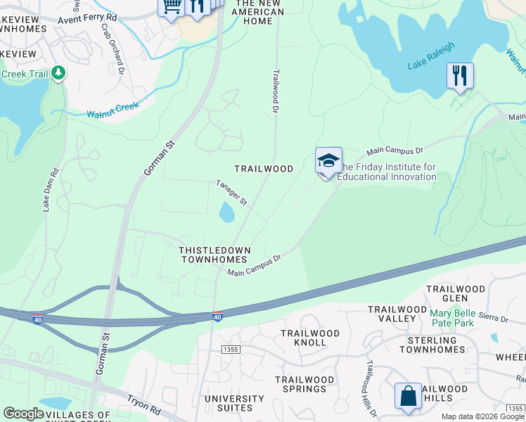 map of restaurants, bars, coffee shops, grocery stores, and more near 1632 Crump Road in Raleigh
