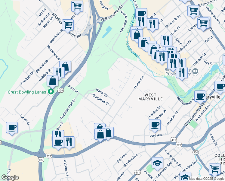 map of restaurants, bars, coffee shops, grocery stores, and more near 814 Wade Circle in Maryville