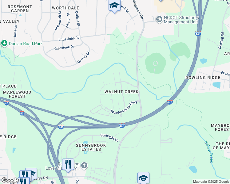 map of restaurants, bars, coffee shops, grocery stores, and more near 1422 Infinity Lane in Raleigh