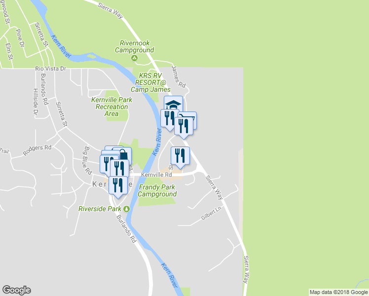 map of restaurants, bars, coffee shops, grocery stores, and more near 67 Valley View Drive in Kernville