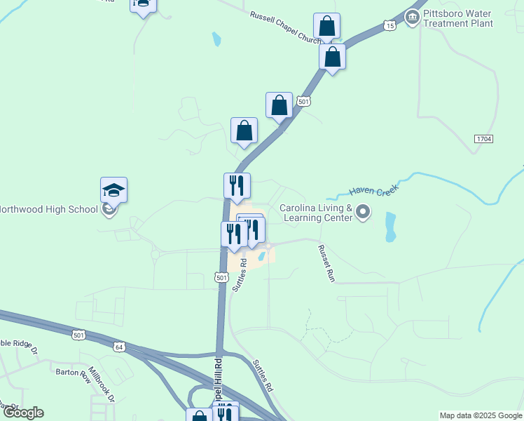 map of restaurants, bars, coffee shops, grocery stores, and more near 120 Mosaic Boulevard in Pittsboro