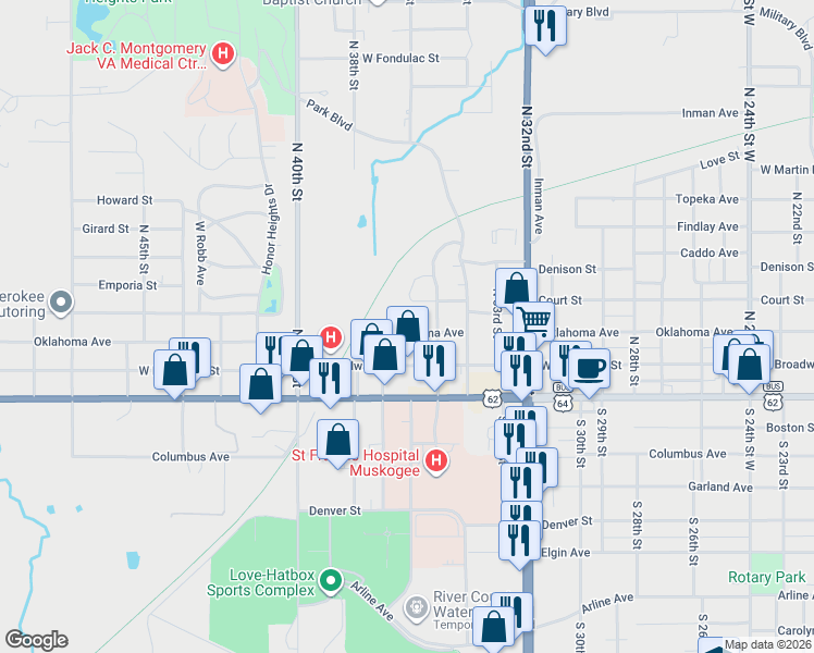 map of restaurants, bars, coffee shops, grocery stores, and more near 3612 Oklahoma Avenue in Muskogee