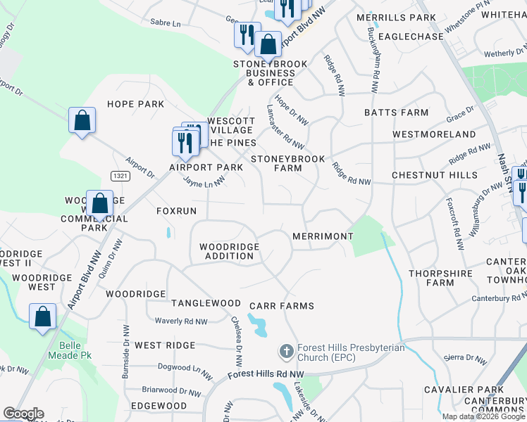 map of restaurants, bars, coffee shops, grocery stores, and more near 3203 Westchester Court in Wilson