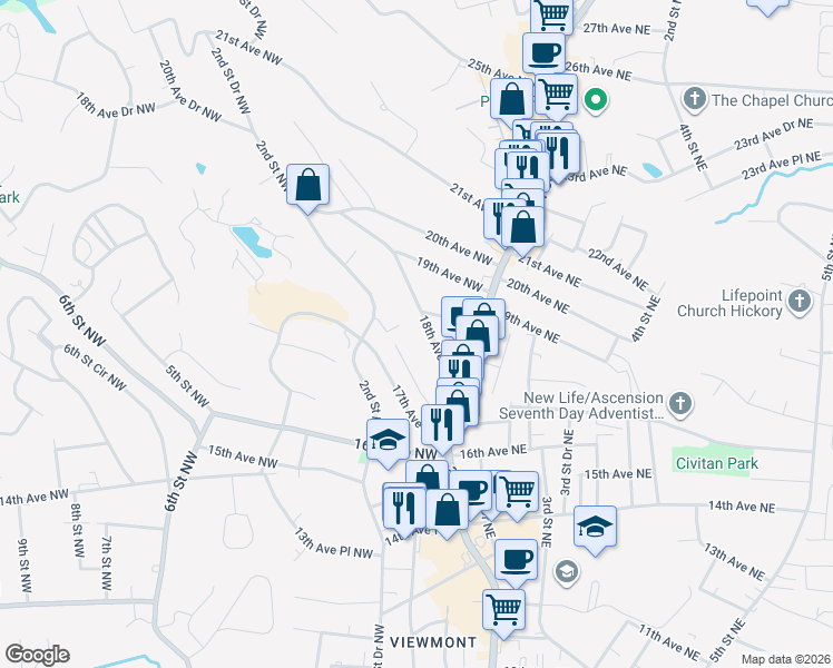 map of restaurants, bars, coffee shops, grocery stores, and more near 71 18th Ave NW in Hickory