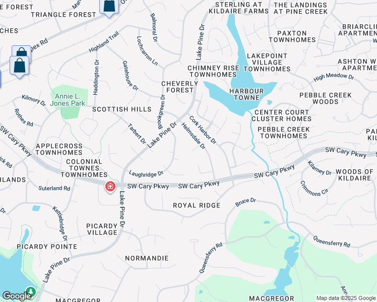 map of restaurants, bars, coffee shops, grocery stores, and more near 1332 Falkirk Court in Cary
