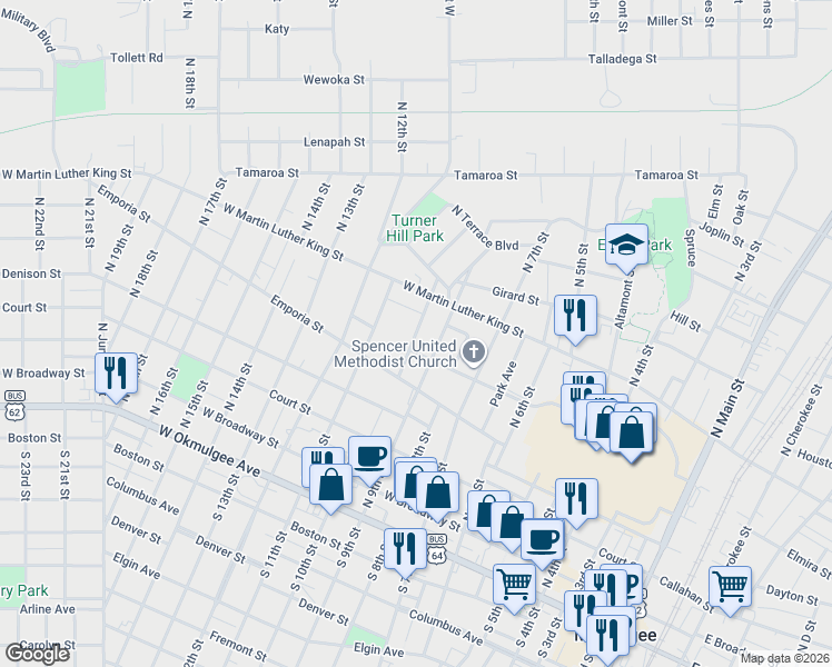 map of restaurants, bars, coffee shops, grocery stores, and more near 538 North 10th Street in Muskogee
