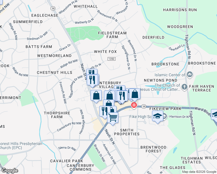 map of restaurants, bars, coffee shops, grocery stores, and more near 2251 Nash Pl N in Wilson
