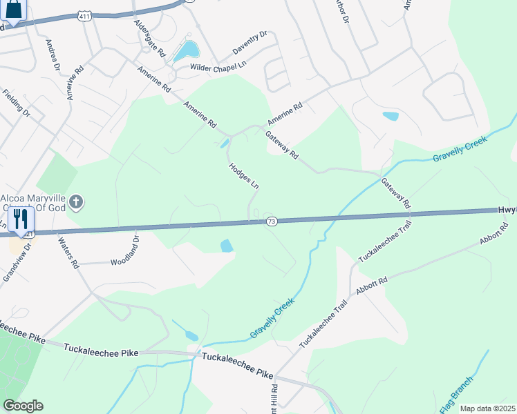 map of restaurants, bars, coffee shops, grocery stores, and more near 210 Courtyard Circle in Maryville