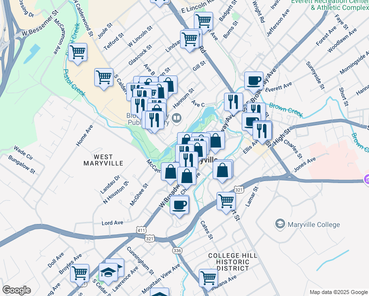 map of restaurants, bars, coffee shops, grocery stores, and more near 161 East Harper Avenue in Maryville