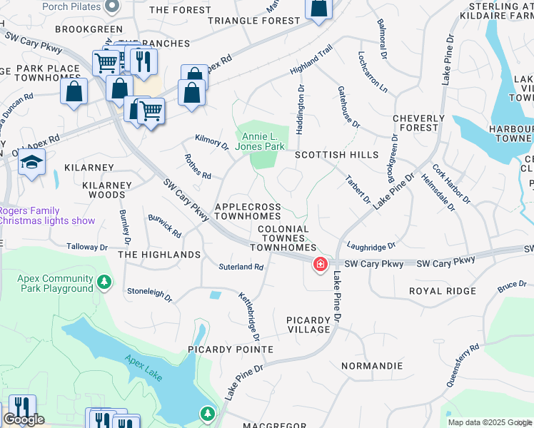map of restaurants, bars, coffee shops, grocery stores, and more near 111 Inverness Court in Cary