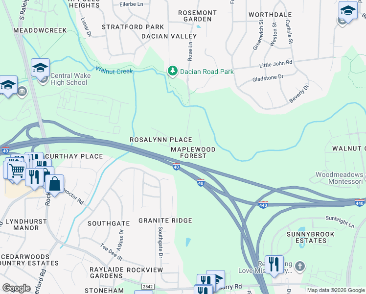 map of restaurants, bars, coffee shops, grocery stores, and more near 1624 Rose Lane in Raleigh