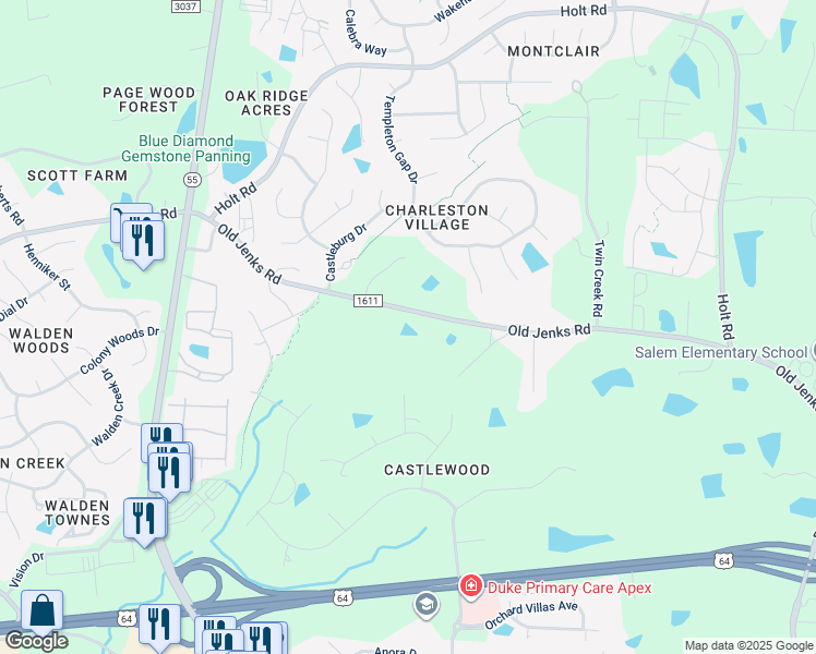 map of restaurants, bars, coffee shops, grocery stores, and more near 6609 Old Jenks Road in Apex