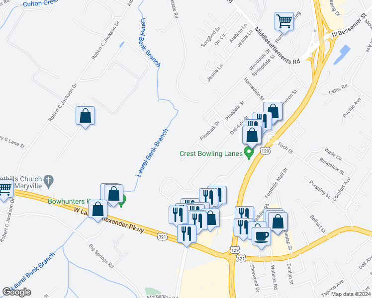 map of restaurants, bars, coffee shops, grocery stores, and more near 407 Pinebark Drive in Maryville