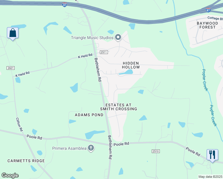 map of restaurants, bars, coffee shops, grocery stores, and more near 1604 Font Hills Lane in Knightdale