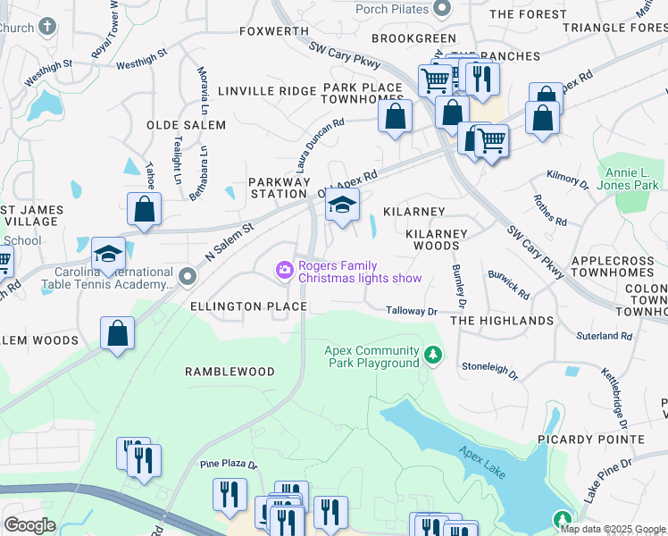 map of restaurants, bars, coffee shops, grocery stores, and more near 1620 Laurel Park Place in Cary